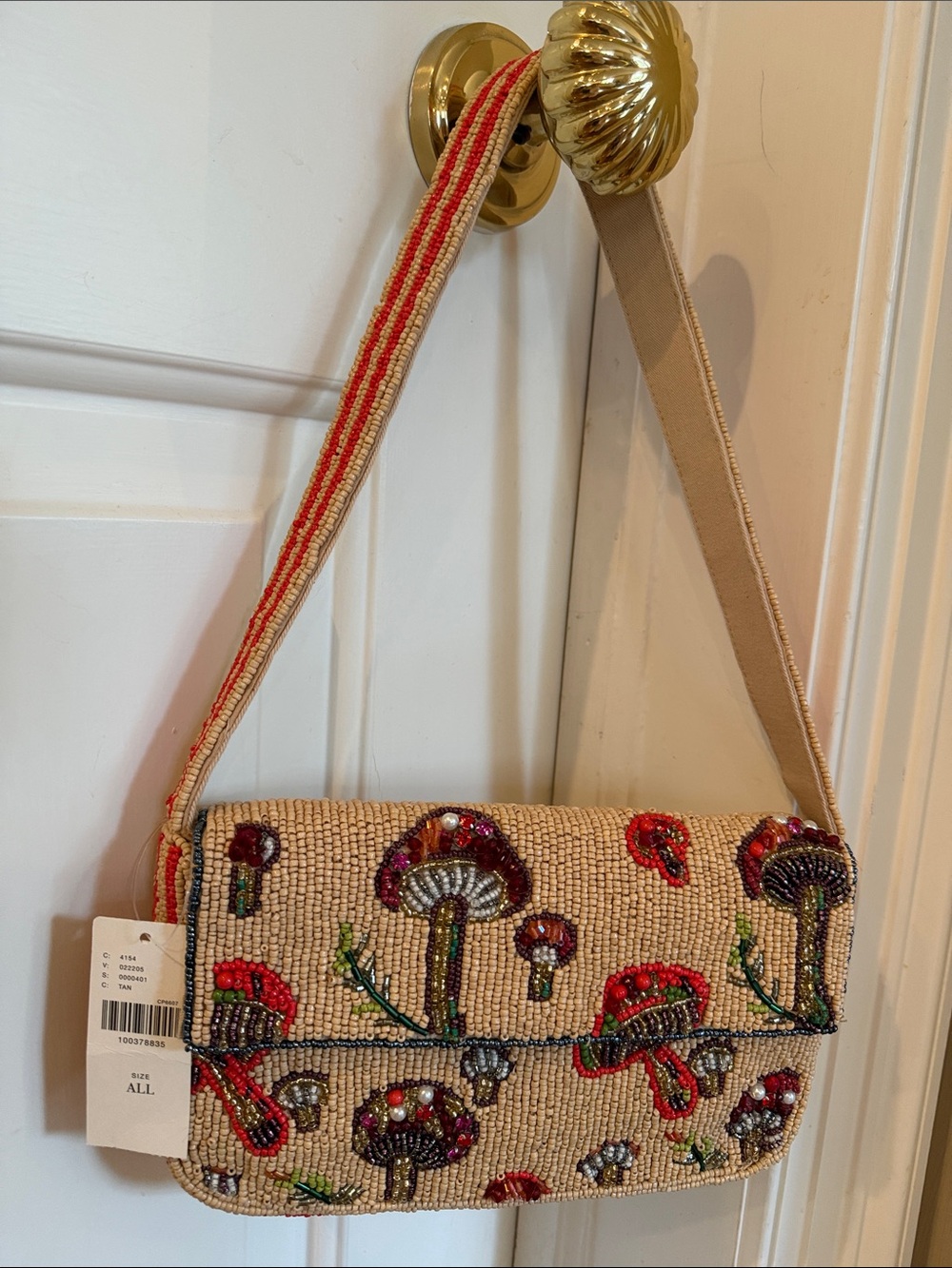 NWT Anthropologie The Fiona Beaded bag - Mushroom print - Pearls, Sparkly Stripe
